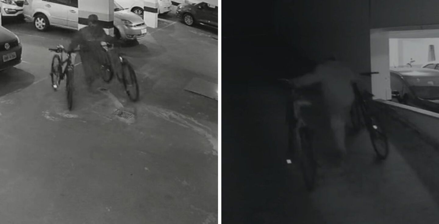 Imagens mostram momento em que dupla furta bicicletas em garagem de condomínio