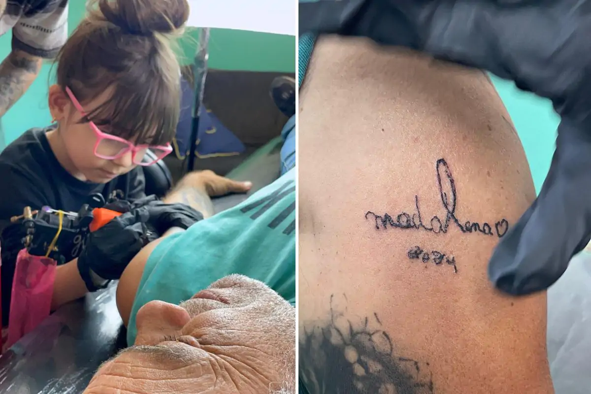 Menina de 6 anos tatua o braço do avô em Cuiabá