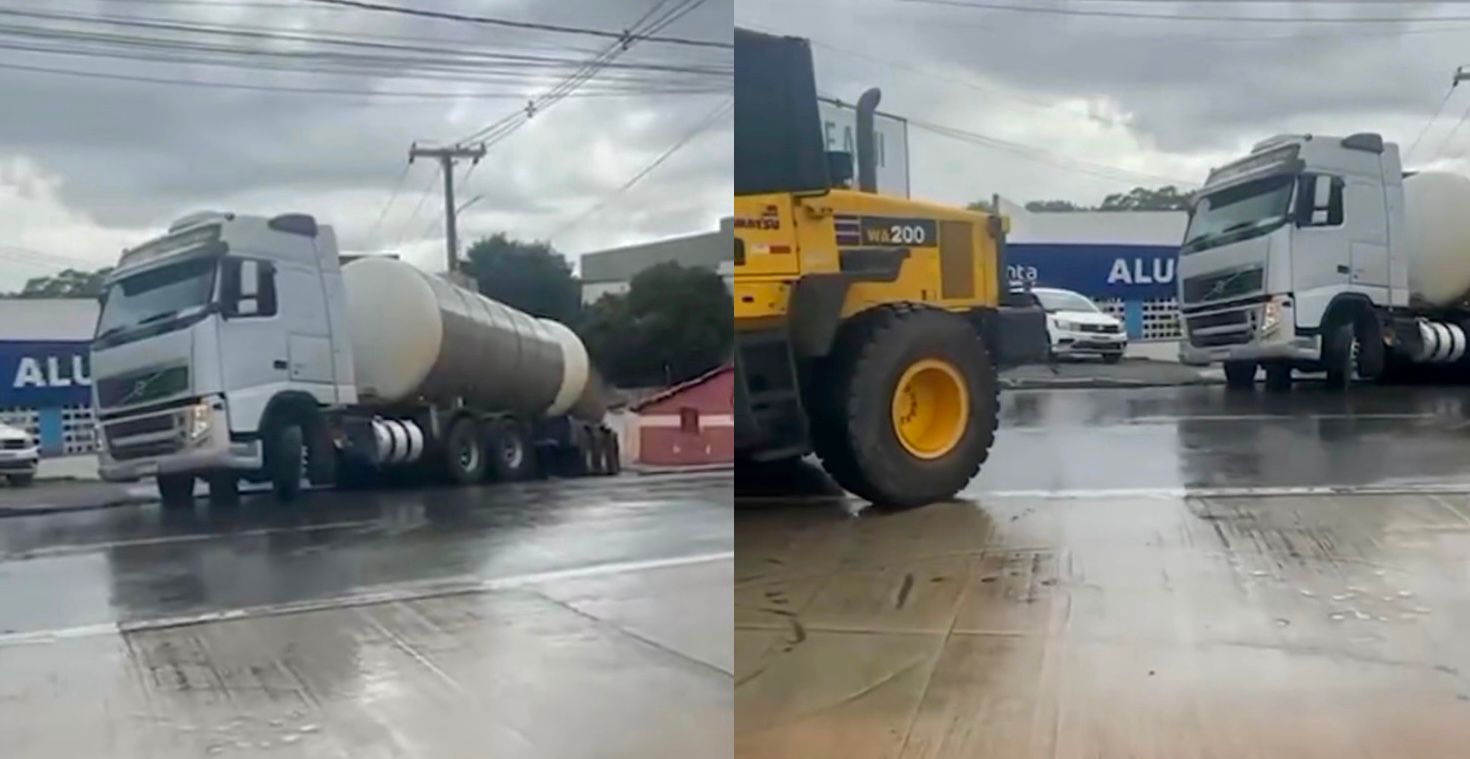 Chuva complica trânsito e carreta fica presa na Avenida da FEB
