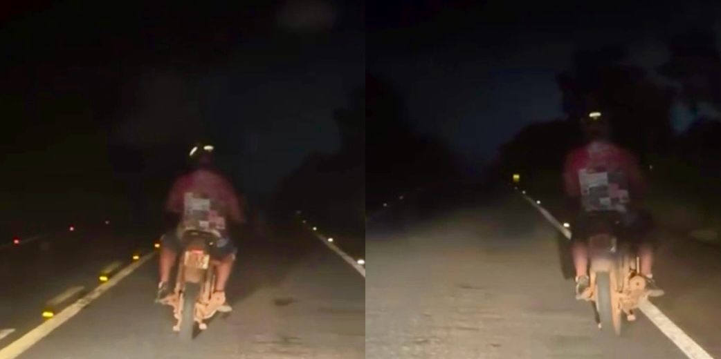 Motociclista embriagado pilota em zigue-zague e quase causa acidente