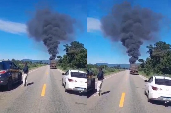 Fogo toma caminhão com combustível e fecha BR-070
