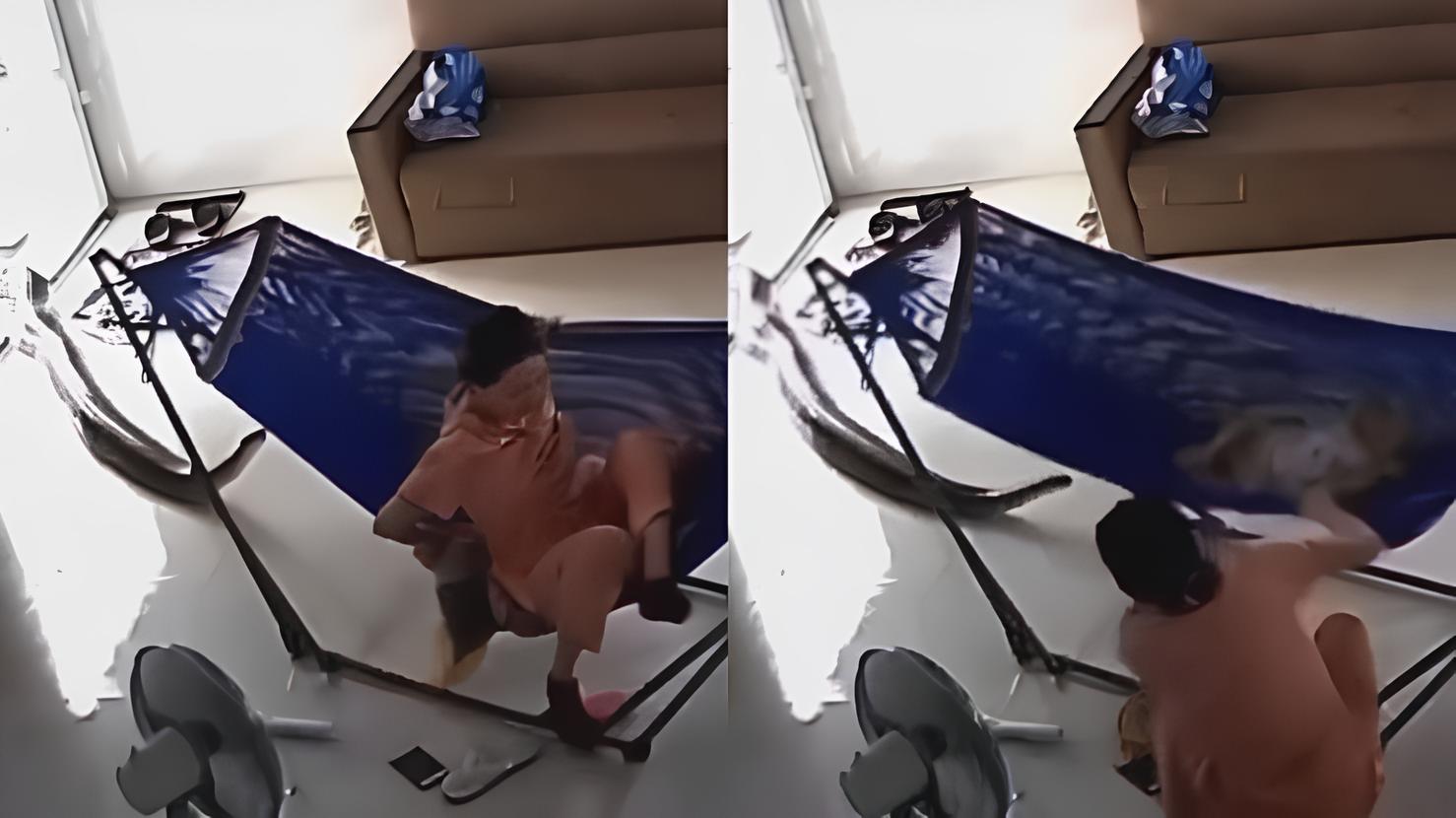 Mulher se assusta ao notar cobra observando seu filho na rede