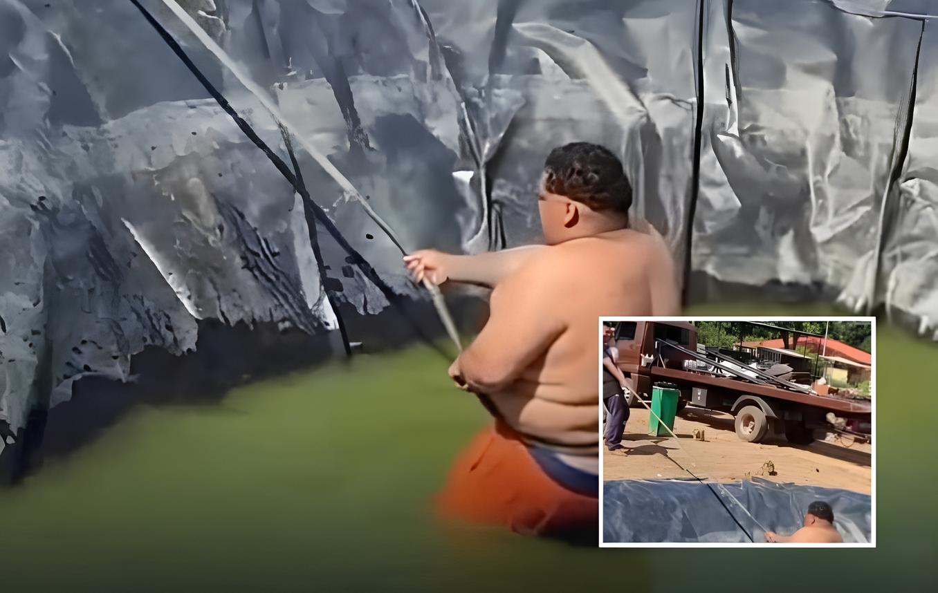 Homem fica preso em lagoa de obra e precisa de reboque para sair