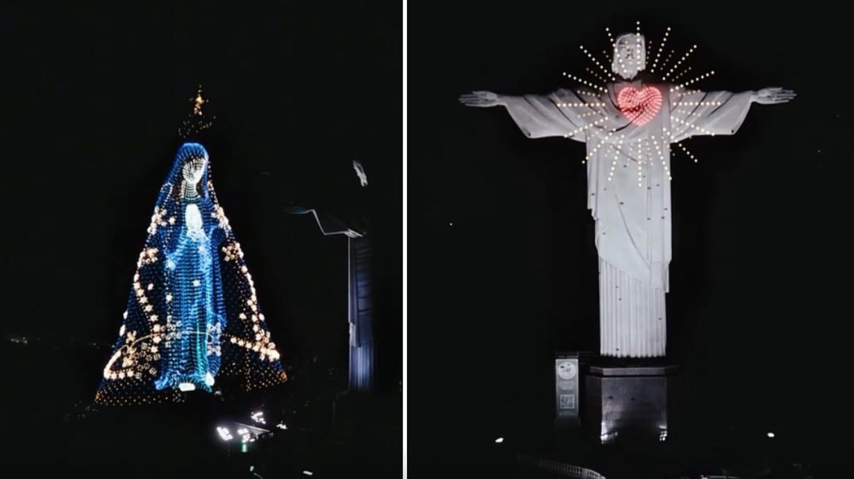 Drones projetam imagem de Nossa Senhora ao lado do Cristo Redentor em homenagem ao dia das mães