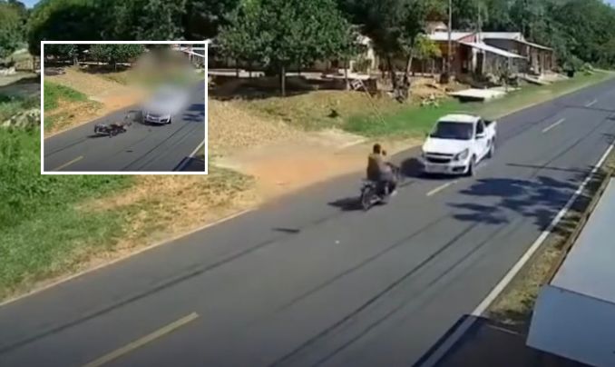 Caminhonete não consegue desviar de moto na contramão