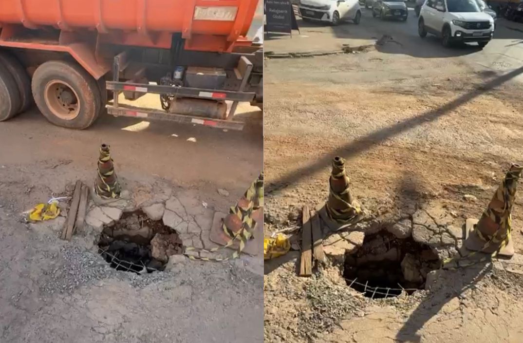 Buraco gigante ameaça pedestres e motociclistas no bairro Araés