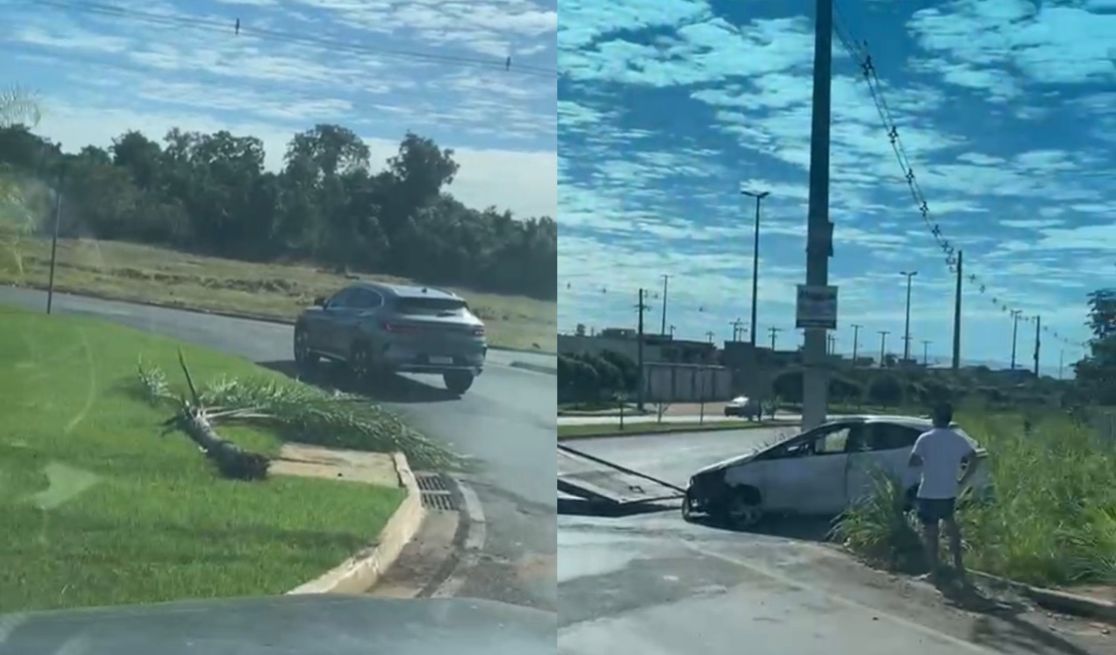 Carro desgovernado arranca palmeira e bate em poste em rotatória de Cuiabá
