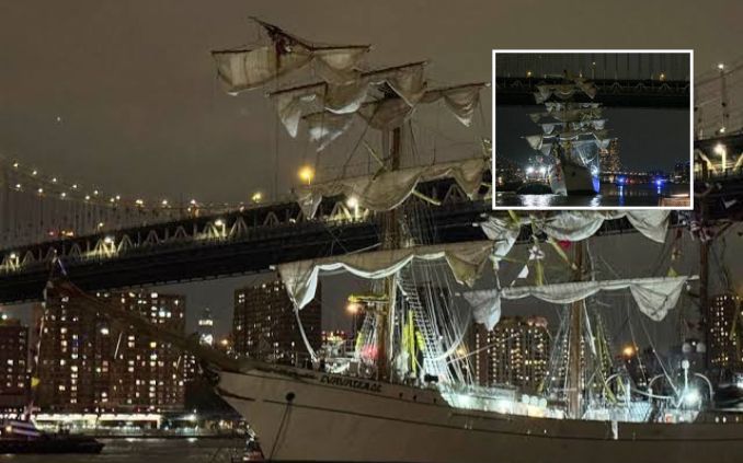 Navio da marinha mexicana bate em ponte do brooklyn e ao menos dois morrem