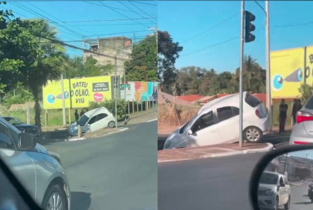 Carro fica suspenso sobre córrego e causa espanto nas redes sociais