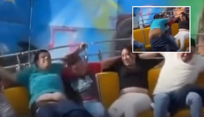 Jovem luta pra se segurar no brinquedo, mas é traído pela própria calça