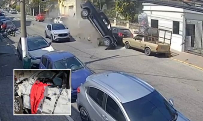 Caminhonete voa e bate em 10 veículos em rua movimentada