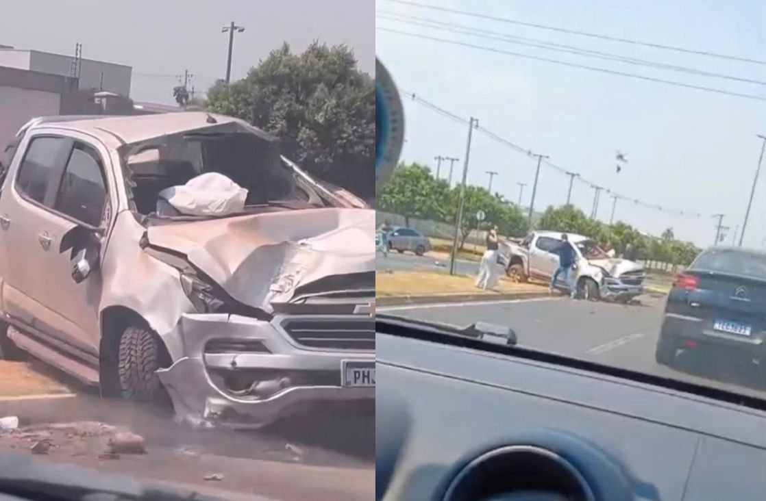 Caminhonete destrói poste e bloqueia avenida no Jardim Itália