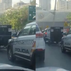Viatura da PM Puxa Carreta de Som Em Cuiabá