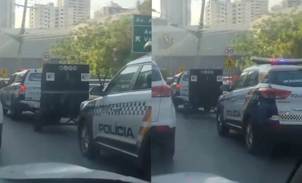 Viatura da PM Puxa Carreta de Som Em Cuiabá