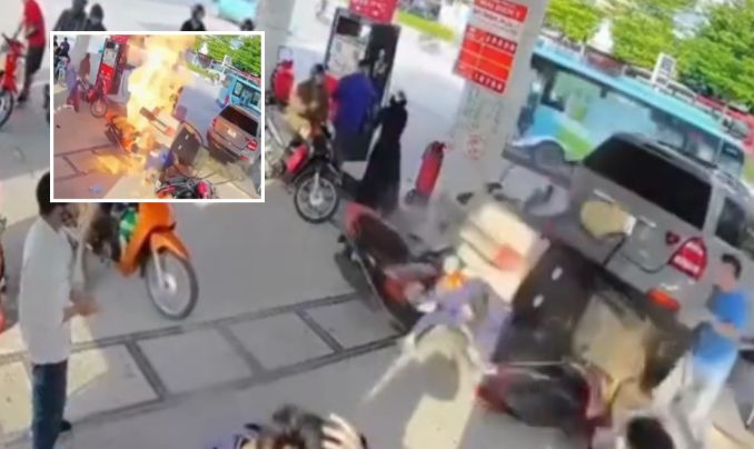 Carro derruba bomba em posto de gasolina e provoca incêndio