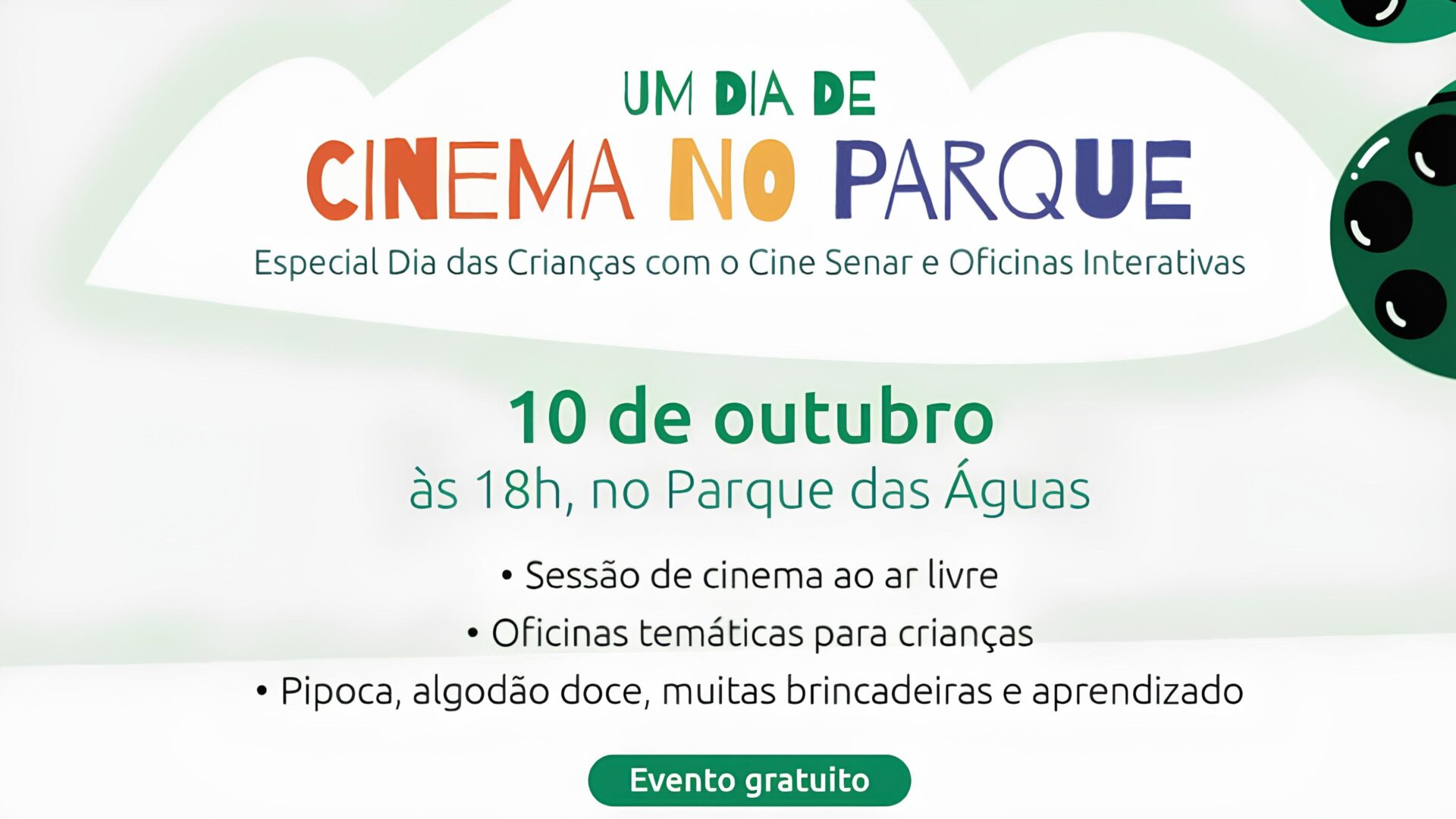 Parque das Águas ganha cinema a céu aberto com pipoca, brincadeiras e prêmios neste Dia das Crianças