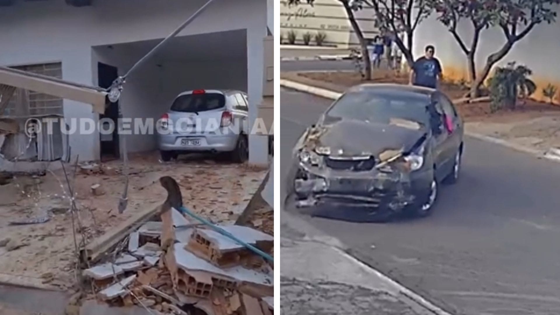 Motorista foge após perder o controle do carro, destróir muro e invadir residência