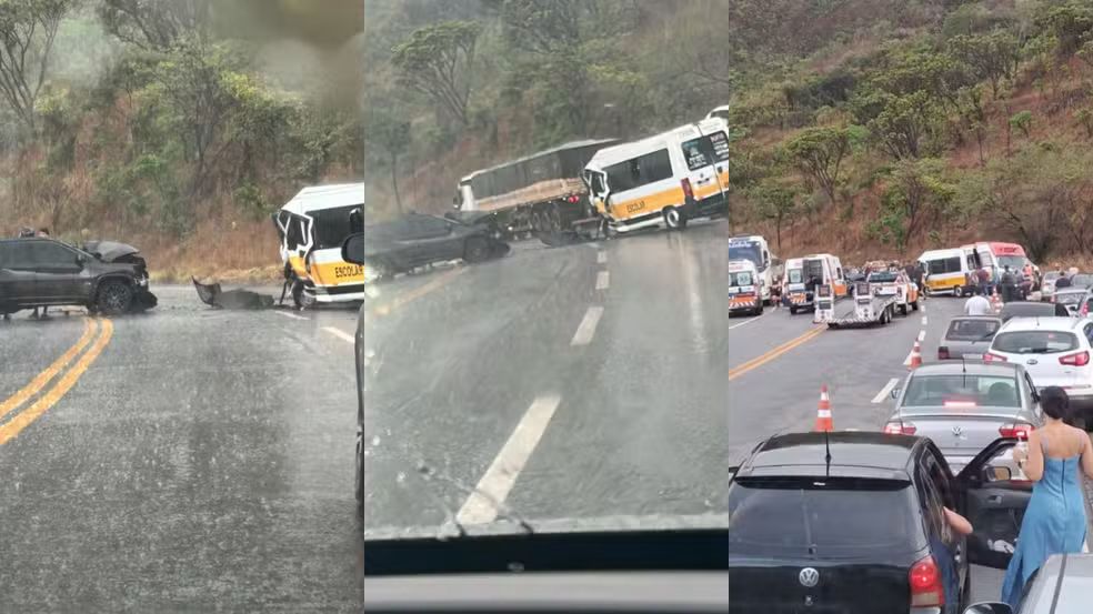 Acidente grave entre van escolar e carro deixa feridos na BR-381