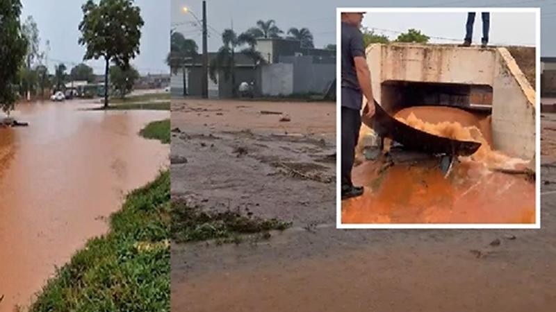 carro submerso e casas alagadas após temporal em Pontes e Lacerda