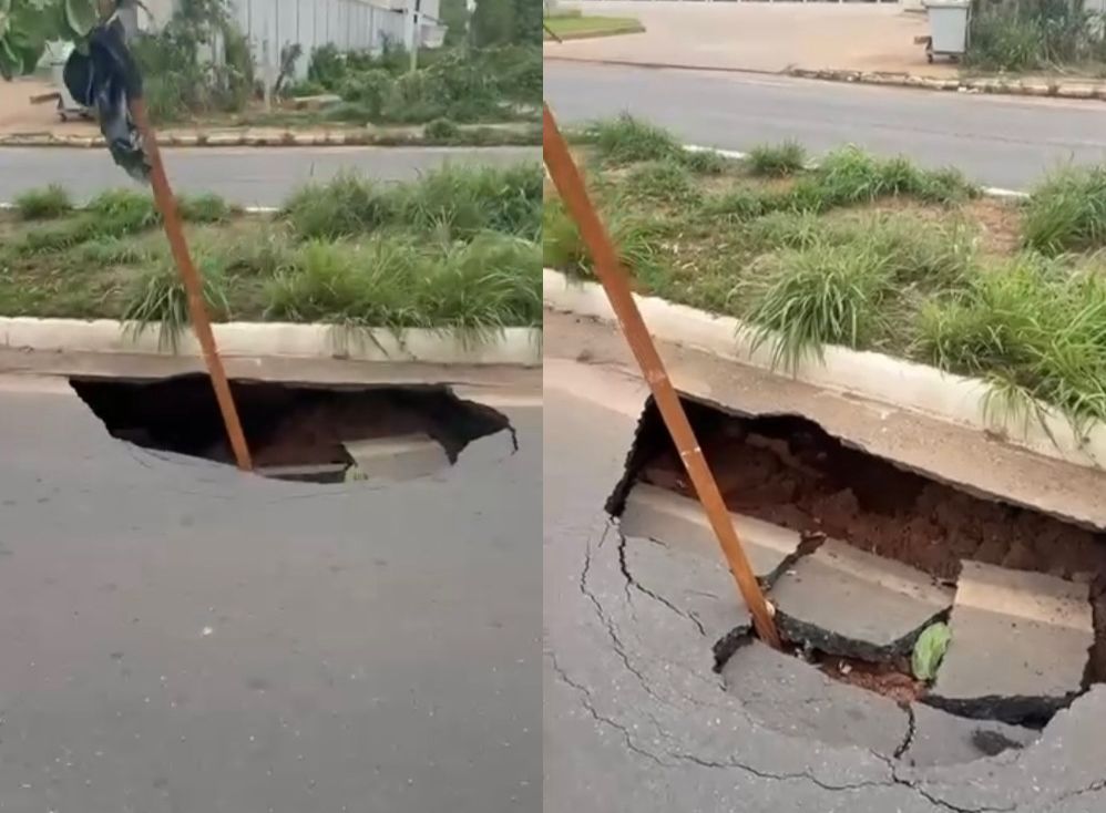 Asfalto cede em via movimentada de Várzea Grande