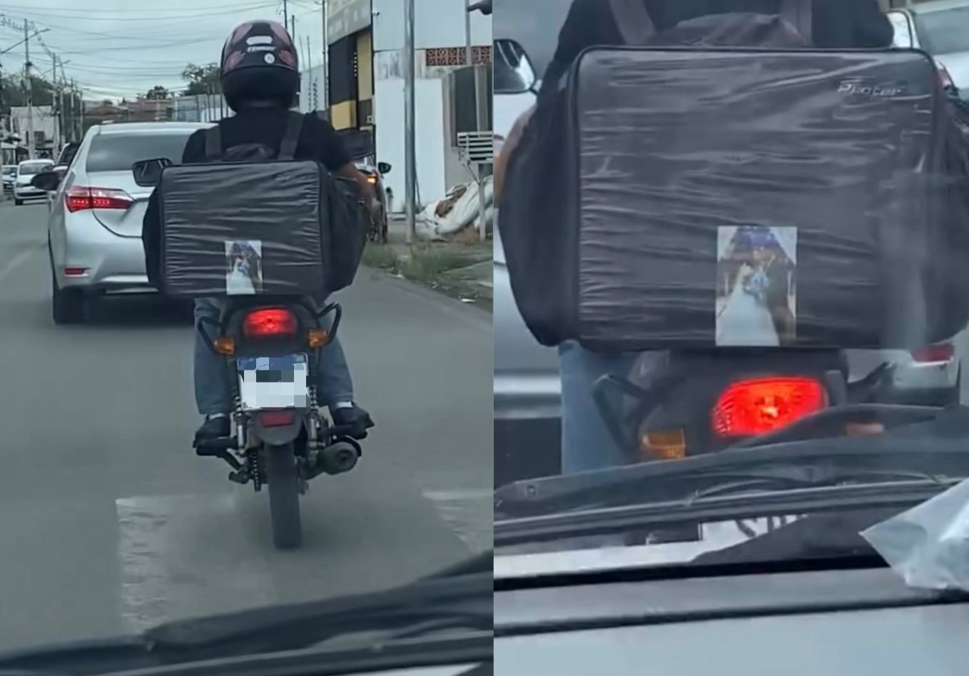 Entregador cola foto de casamento na mochila