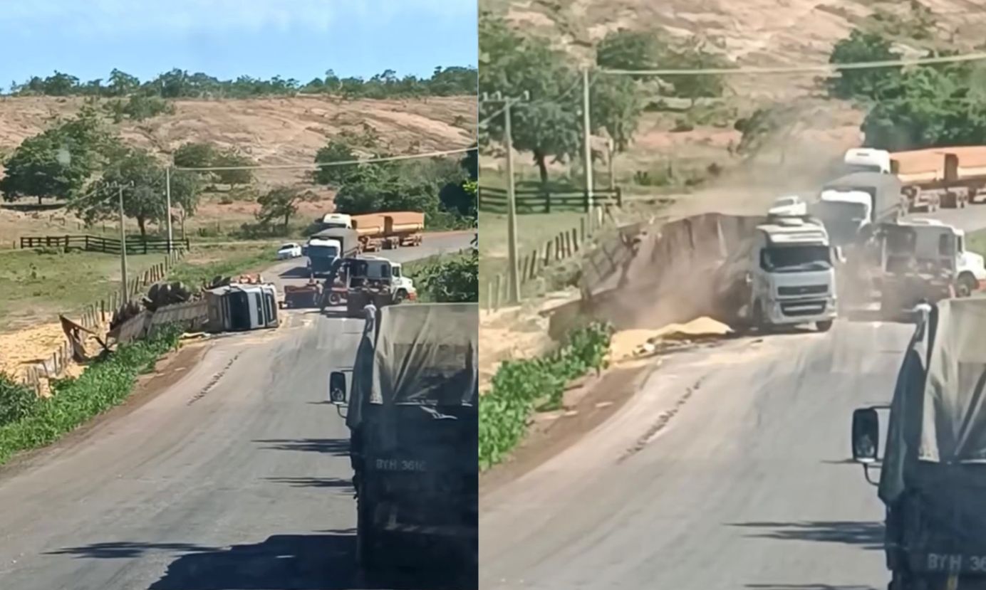 motorista sobrevive após carreta tombar em Campo Verde